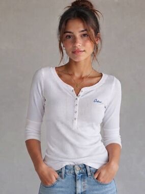 Aéropostale White Ribbed Thermal Henley Top Size M Y2K Preppy Minimalist